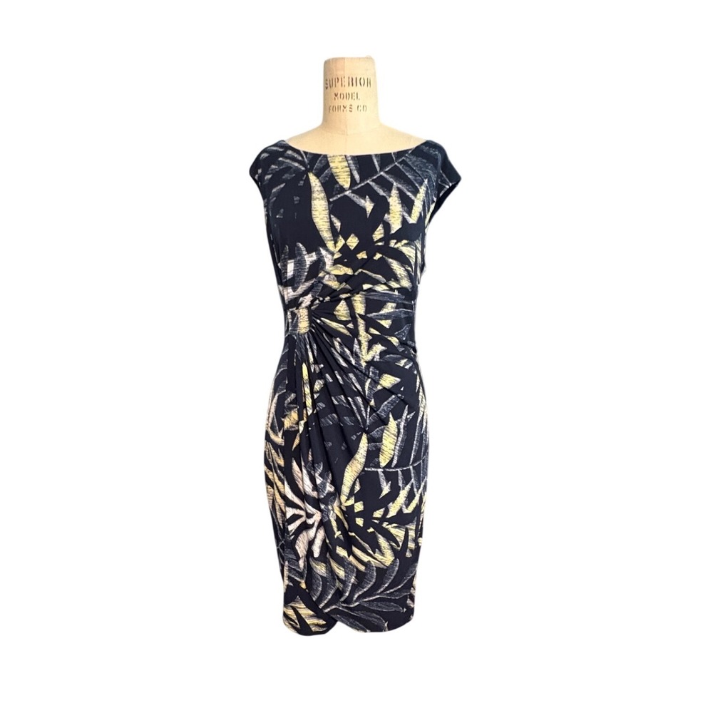 Connected Apparel Navy‎ Blue Tropical Palm Leaf Boat Neck Sheath Dress Womens 12
